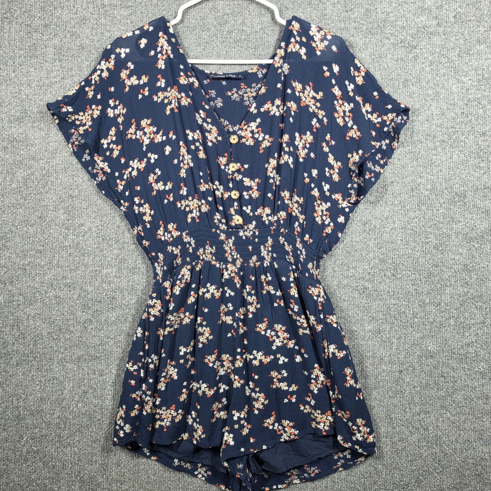 Abercrombie & Fitch Romper Womens Large Navy Blue Floral Smocked Button Front